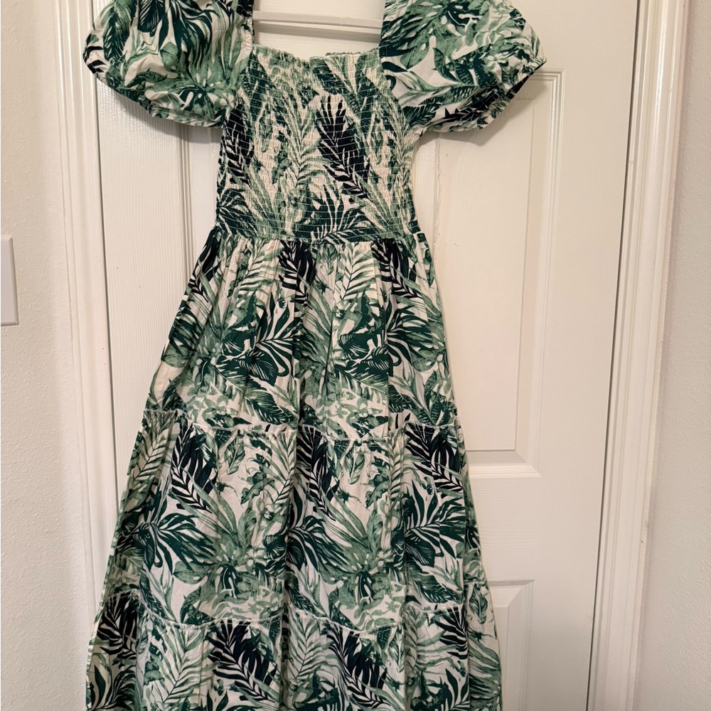 Tropical Green Leaf Print Maxi Dress summer palm tree vacation beach